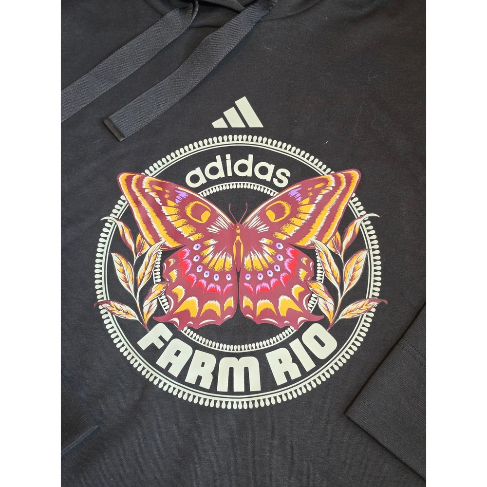 Adidas X FARM Rio Butterfly Graphic Cropped Hoodie Black Teal Womens L NWOT